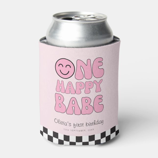 One Happy Babe Happy Face Pink  Can Cooler (Can Front)
