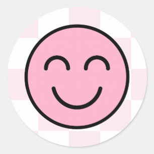 One Happy Babe Happy Face Pink Check Classic Round Sticker