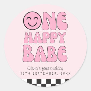 One Happy Babe Happy Face Pink  Classic Round Sticker