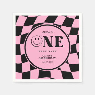 One Happy Babe Happy Face Pink Girl 1st Birthday Napkin