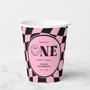 One Happy Babe Happy Face Pink Girl 1st Birthday Paper Cups