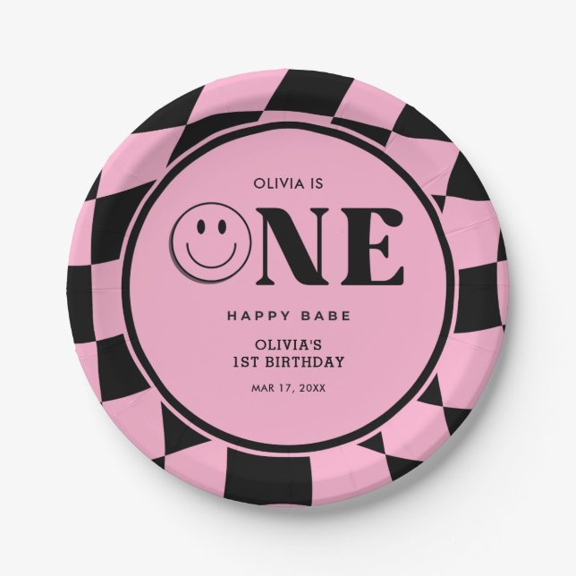 One Happy Babe Happy Face Pink Girl 1st Birthday  Paper Plate (Front)