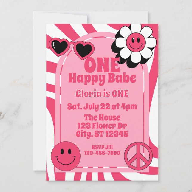 ONE Happy Babe, pink 1st Birthday Invitation (Front)