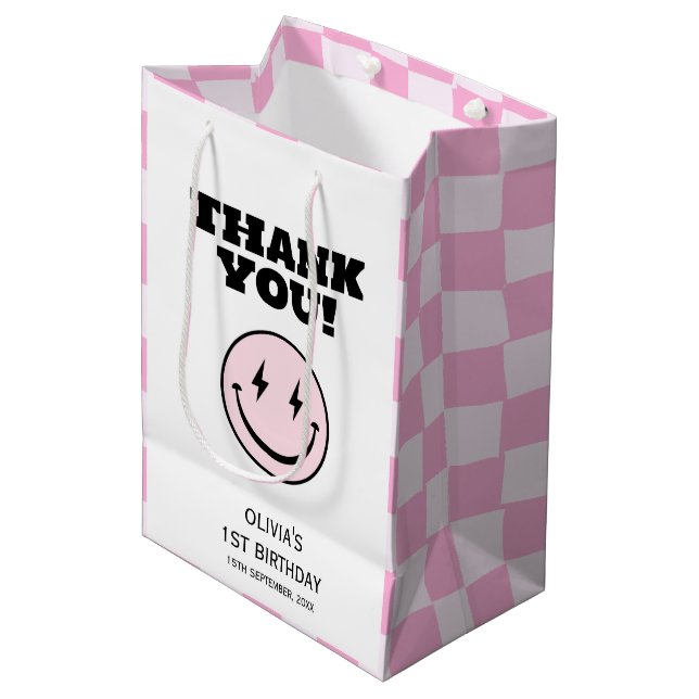 One Happy Babe Pink Chequered Birthday Medium Gift Bag (Front Angled)