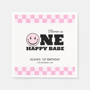 One Happy Babe Pink Chequered Birthday Napkin
