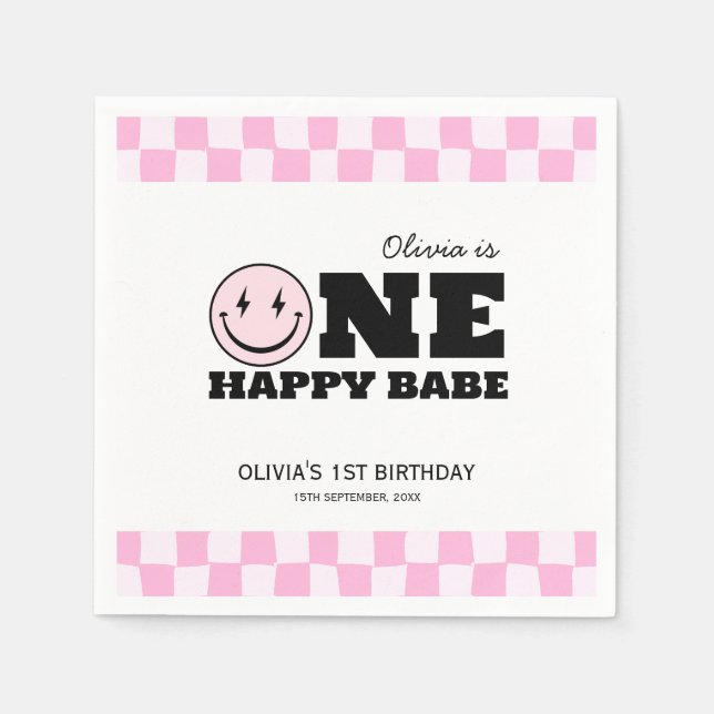 One Happy Babe Pink Chequered Birthday Napkin (Front)