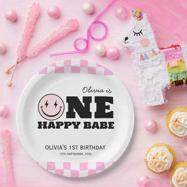 One Happy Babe Pink Chequered Birthday Paper Plate (Party)