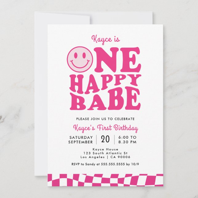 One Happy Babe Pink Smile Face Girl 1st Birthday Invitation (Front)