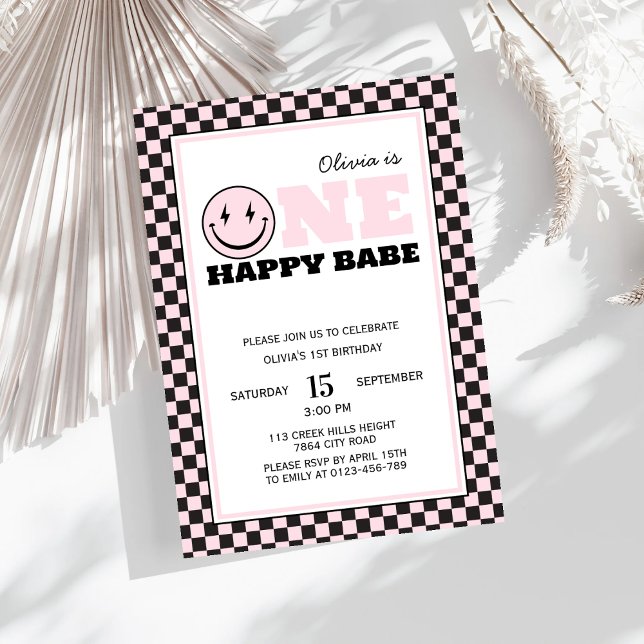 One Happy Babe Retro Girl First Birthday Invitation (Creator Uploaded)
