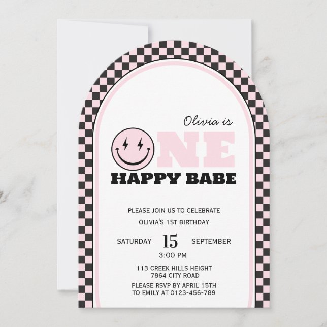 One Happy Babe Retro Pink First Birthday Invitation (Front)