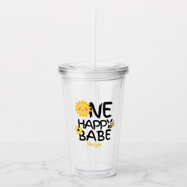 One Happy Babe Yellow Sunny Bee Girls 1st Birthday Acrylic Tumbler (Front)