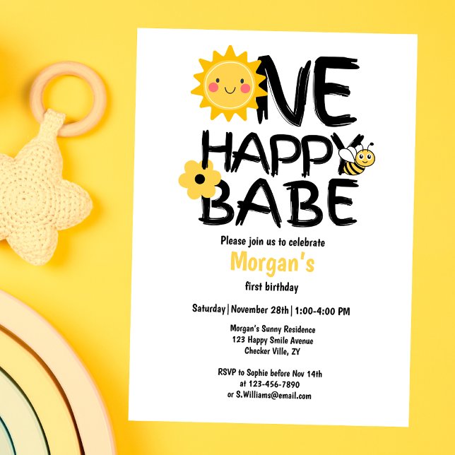 One Happy Babe Yellow Sunny Bee Girls 1st Birthday Invitation (Creator Uploaded)
