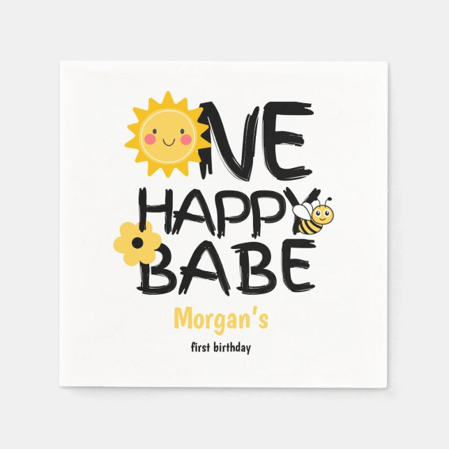 One Happy Babe Yellow Sunny Bee Girls 1st Birthday Napkin (Front)