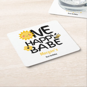 One Happy Babe Yellow Sunny Bee Girls 1st Birthday Square Paper Coaster