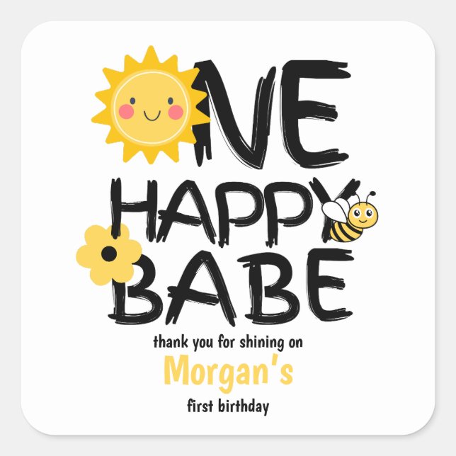 One Happy Babe Yellow Sunny Bee Girls 1st Birthday Square Sticker (Front)