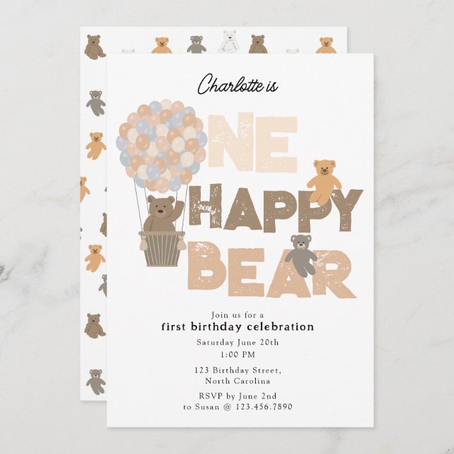 One Happy Bear Invite 1st  First Birthday Cute (Front/Back)
