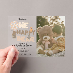 One Happy Bear Invite 1st  First Birthday Photo Acrylic Invitations