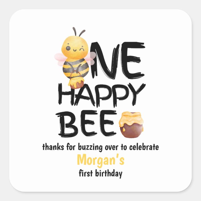 One Happy Bee Honey Yellow  Bee Girls 1st Birthday Square Sticker (Front)