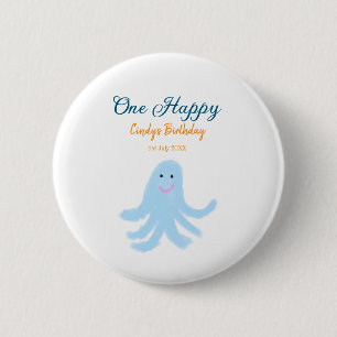 One happy blue octopus under the sea birthday  6 cm round badge