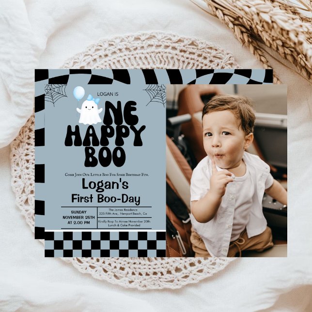 One Happy Boo Fall Boy 1st Birthday Party Photo Invitation (Creator Uploaded)