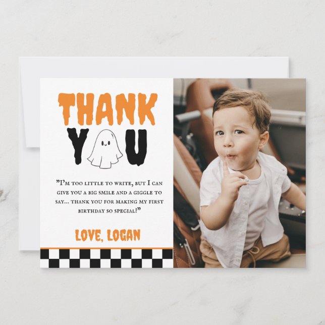 One Happy Boo Retro Boy 1st Birthday Party Photo Thank You Card (Front)