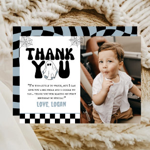 One Happy Boo Retro Boy 1st Birthday Party Photo  Thank You Card