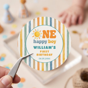 One Happy Boy 1st Birthday Sunshine Classic Round Sticker