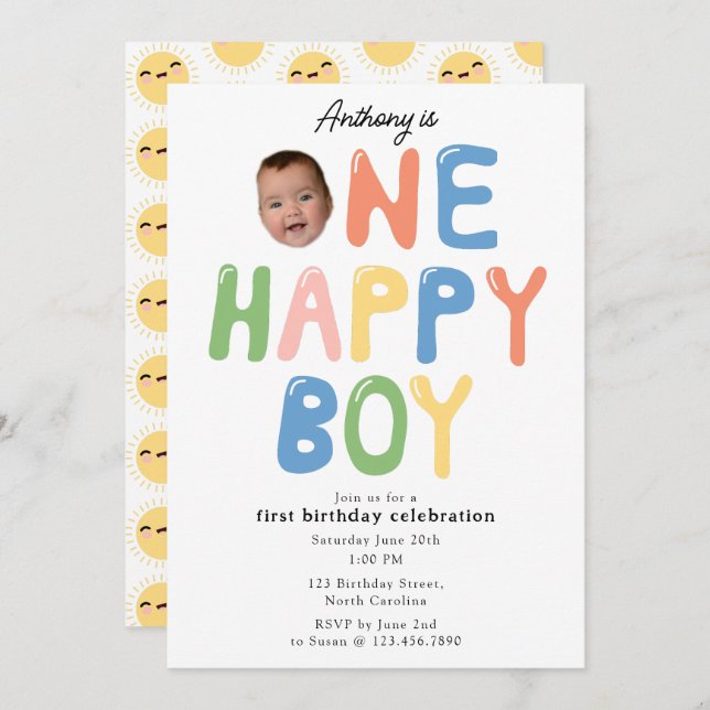 One Happy Boy Birthday Invite 1st Birthday Photo (Front/Back)