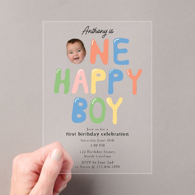 One Happy Boy Birthday Invite 1st Birthday Photo Acrylic Invitations (Insitu (Handheld))