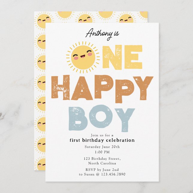 One Happy Boy Birthday Invite 1st Birthday Sun (Front/Back)