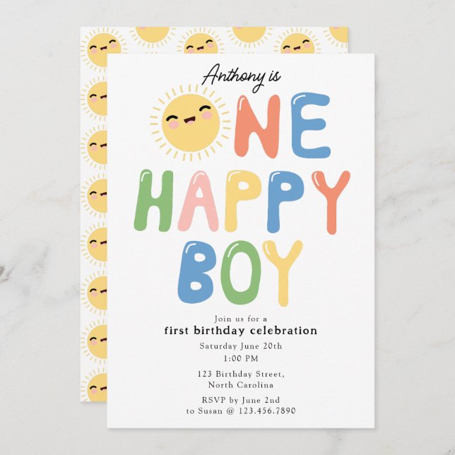 One Happy Boy Birthday Invite 1st Birthday Sun (Front/Back)