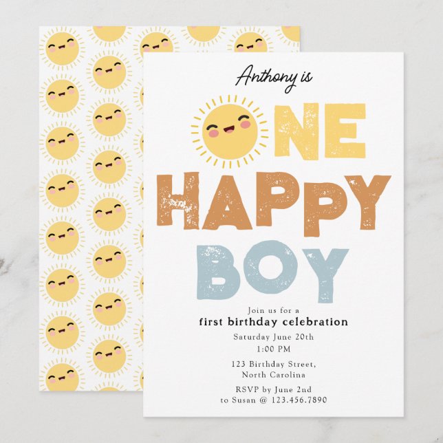 One Happy Boy Birthday Invite 1st Birthday Sun (Front/Back)