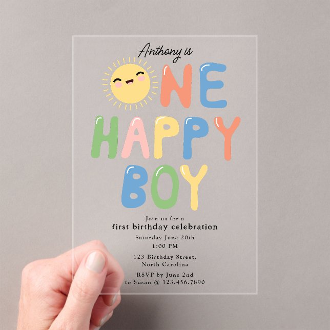 One Happy Boy Birthday Invite 1st Birthday Sun Acrylic Invitations (Insitu (Handheld))
