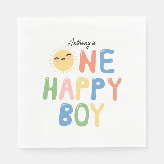 One Happy Boy Birthday Invite 1st Birthday Sun Napkin (Front)