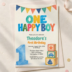 One Happy Boy Colourful Blocks First Birthday Invitation