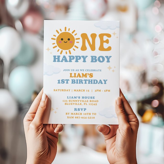 ONE Happy Boy First Birthday Invitation, Sun theme Invitation (Creator Uploaded)