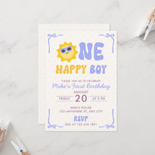 One Happy Boy Retro Sun First Birthday Invitation