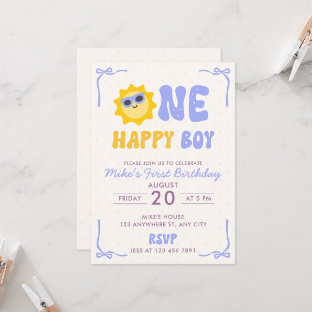 One Happy Boy Retro Sun First Birthday Invitation (Front/Back In Situ)