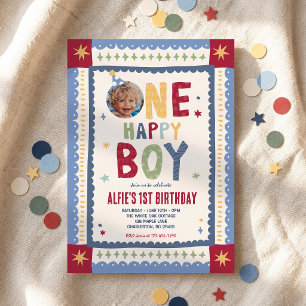One Happy Boy Whimsical Boy First Birthday Party Invitation