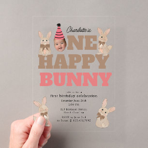 One Happy Bunny Rabbit Funny Face Photo Birthday Acrylic Invitations