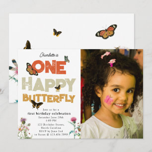One Happy Butterfly 1st Wildflower Birthday Photo Invitation