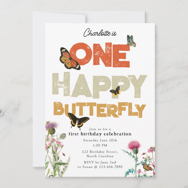 One Happy Butterfly Invite 1st Wildflower Birthday (Front)