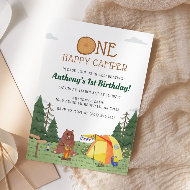 One Happy Camper 1st Birthday Camping Watercolor Invitation (Creator Uploaded)