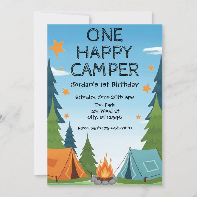 One Happy Camper, 1st birthday invitation (Front)