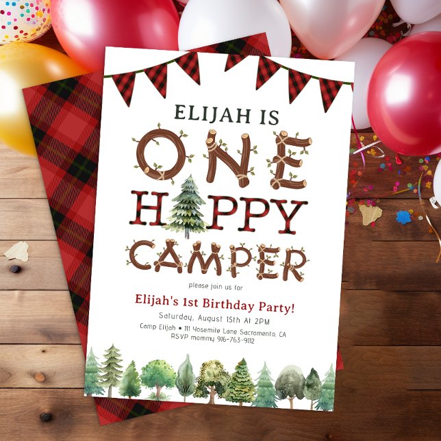 One Happy Camper 1st Birthday Party Invitation  (One Happy Camper 1st Birthday Party Invitation)