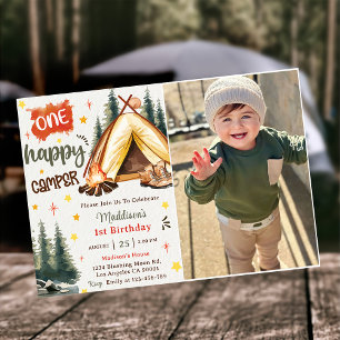 One Happy Camper 1st Birthday Party Photo  Invitation