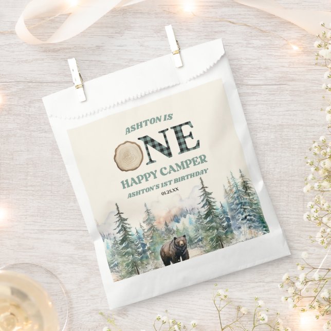 ONE Happy Camper Bear 1st Birthday Party Favour Bags (Clipped)