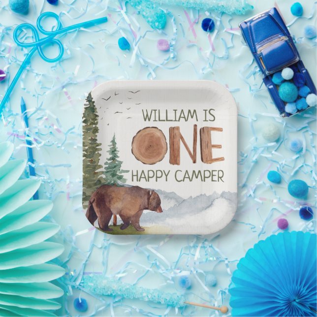 One Happy Camper Bear Birthday  Paper Plate (Party)