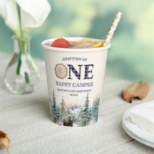 ONE Happy Camper Bear Blue 1st Birthday Party Paper Cups