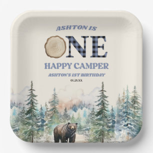 ONE Happy Camper Bear Blue 1st Birthday Party Paper Plate
